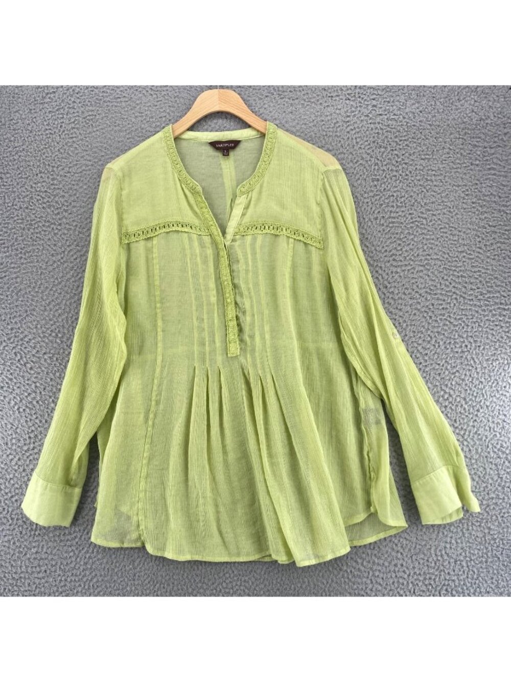 Multiples Top Womens Large Lime Green Henley Long Roll Tab Sleeves Crinkle Gauzy